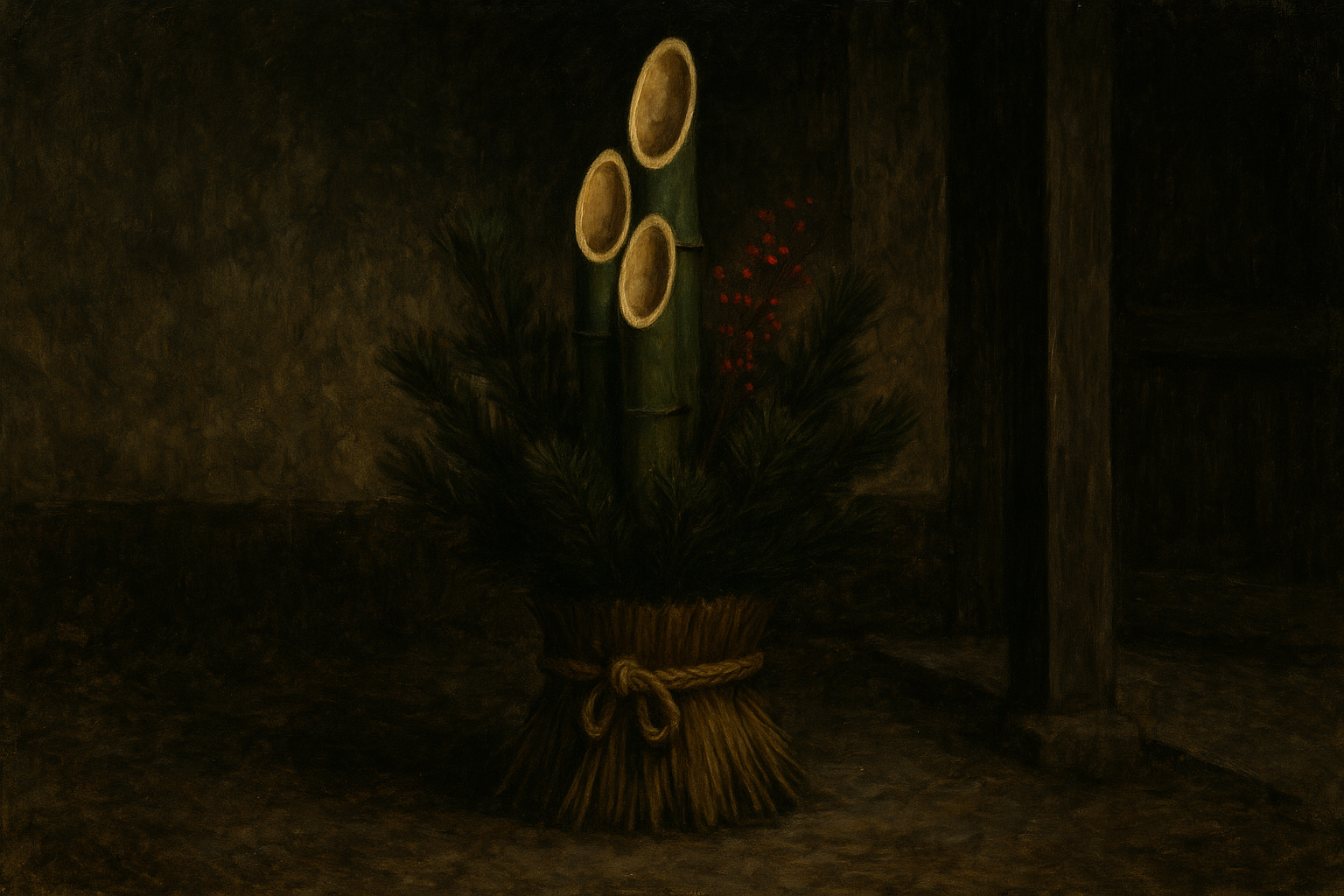 門松と雪景色の中に宿る年神信仰の象徴 – Japanese New Year deity spirit in traditional kadomatsu under snow