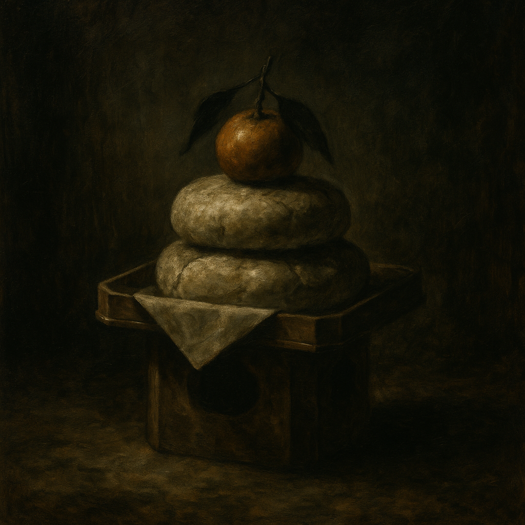 Sacred Japanese kagami mochi on tokonoma during New Year – 鏡餅と日本人の祈りの文化