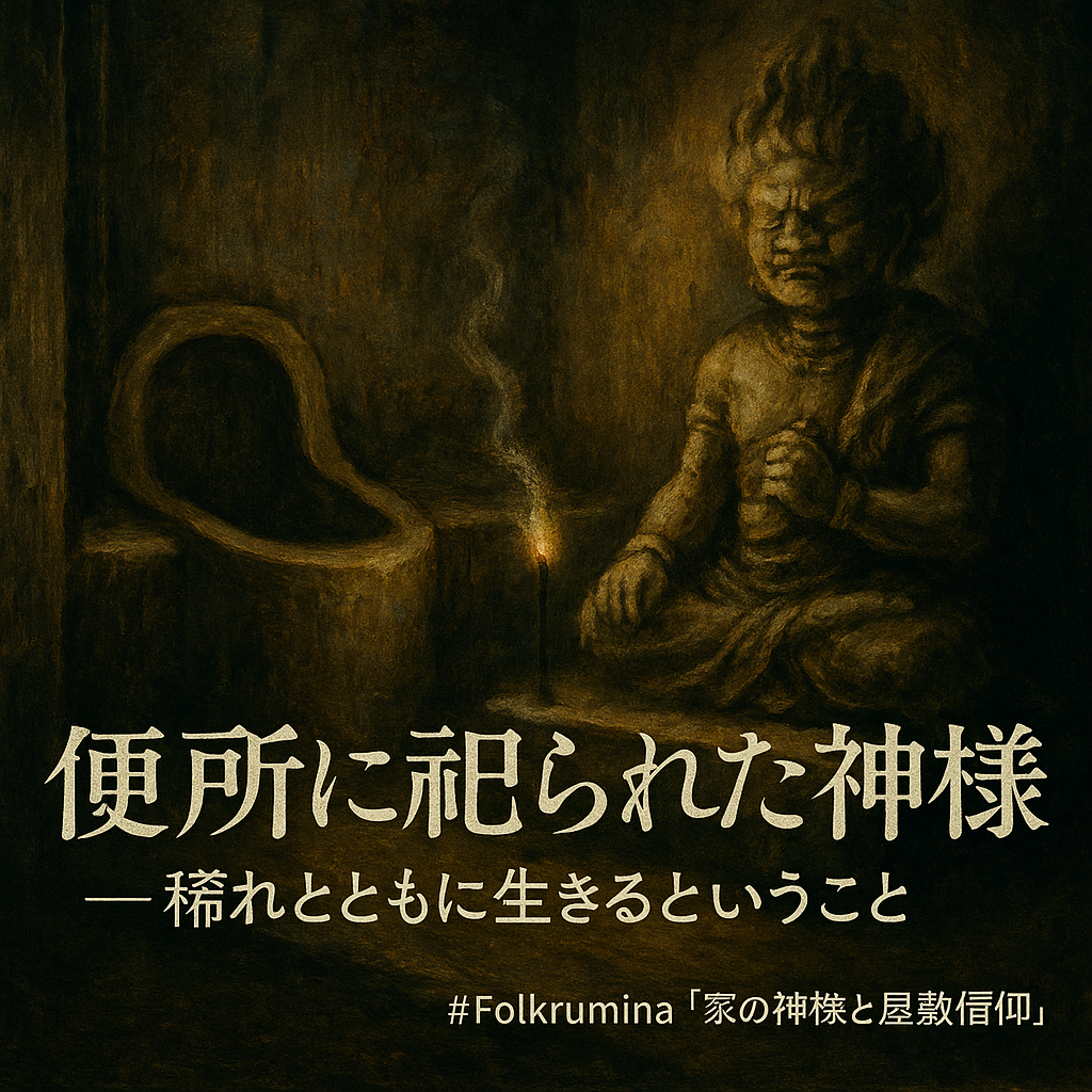 Small stone statue of Ususama Myo-o in traditional Japanese toilet – 見えないものへの祈りと便所神信仰