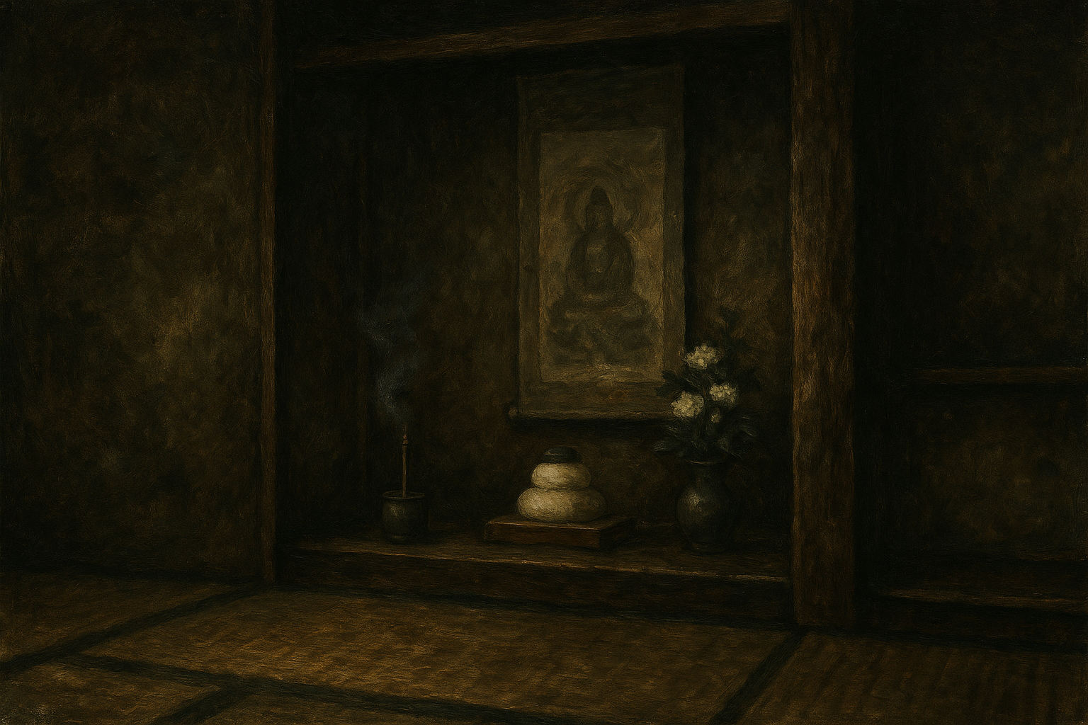 Traditional Japanese tokonoma with seasonal flowers and hanging scroll – 日常に息づく床の間の祈りと精神性