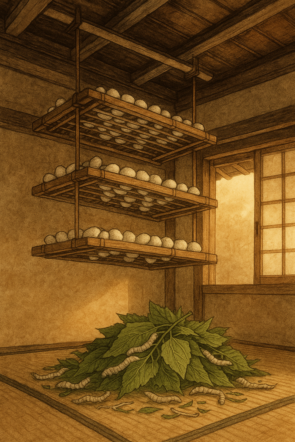 An old silkworm shelf (kaiko-dana) bathed in soft morning light – 命と祈りが重なり合う蚕棚の記憶
