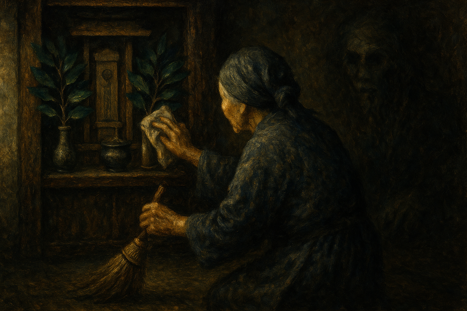 An elderly grandmother gently dusting a kamidana with white cloth in soft morning light – 神聖な日常の祈りの所作