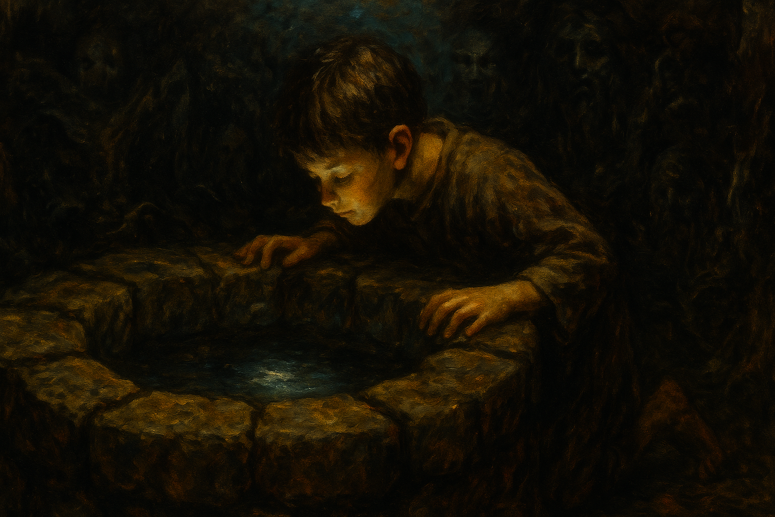 An old stone well at dawn with soft light reflecting on still water – 失われた水の神秘性と祈り