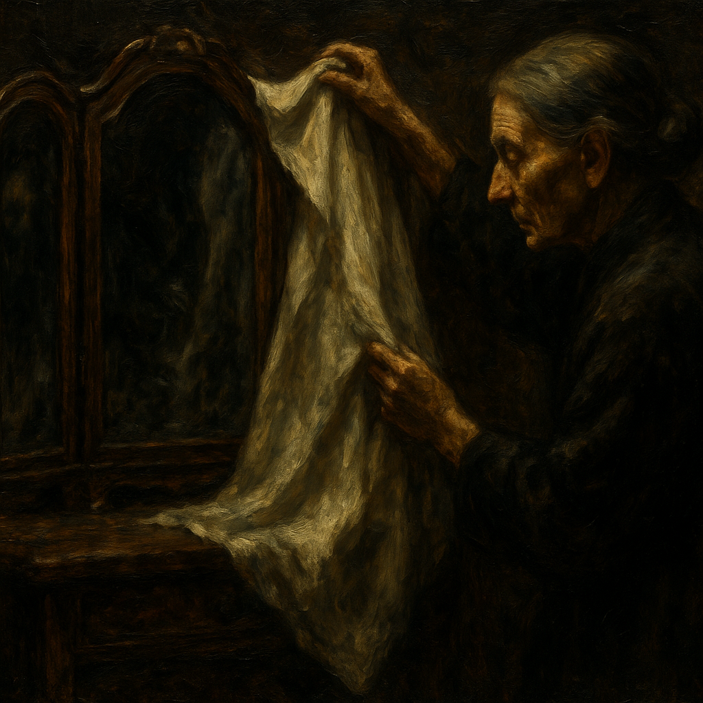 Three‑panel vanity mirror covered with a white cloth in a dim funeral room – 鏡封じの習俗と見えない世界への敬意