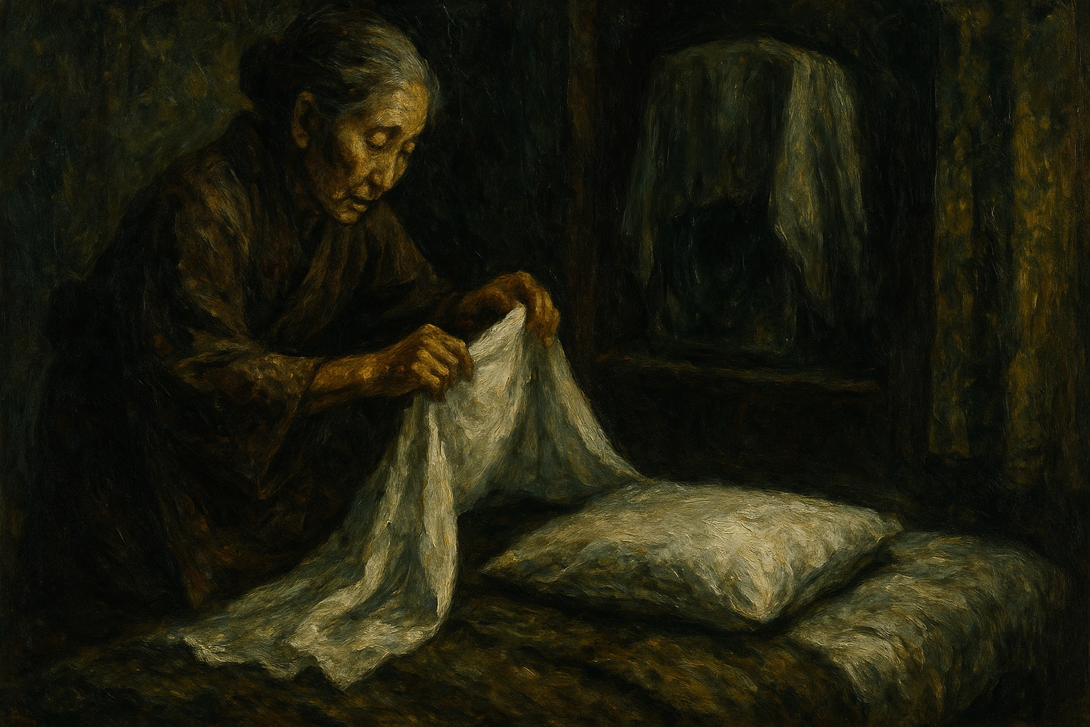 Sleeping child’s pillow oriented eastward with hand adjusting it at sunset – 北枕の忌避と眠りに祈りを込める日本の民俗習慣