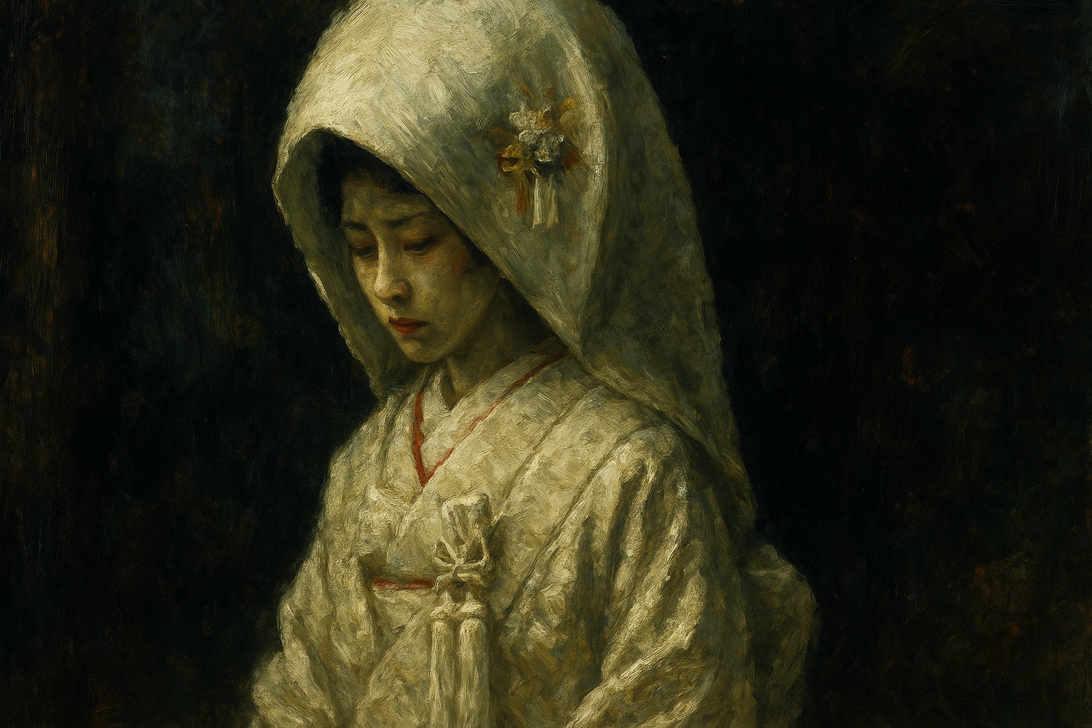 Bride in traditional white kimono holding wedding photo in secret storehouse—hidden spirits, death‑rebirth ritual of old Japanese marriage – 古い婚礼儀礼・死と再生