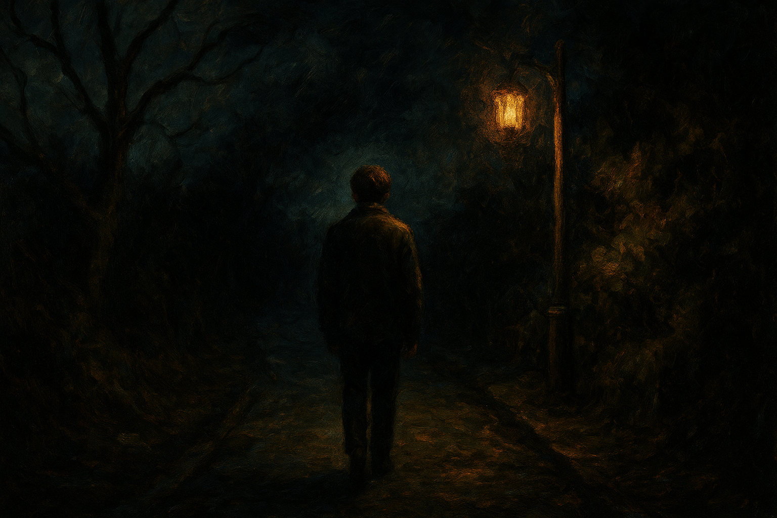 Person walking along dimly lit rural path at dusk, pausing with head bowed as if sensing unseen presence—embodying night‑time folk wisdom of spirits and caution