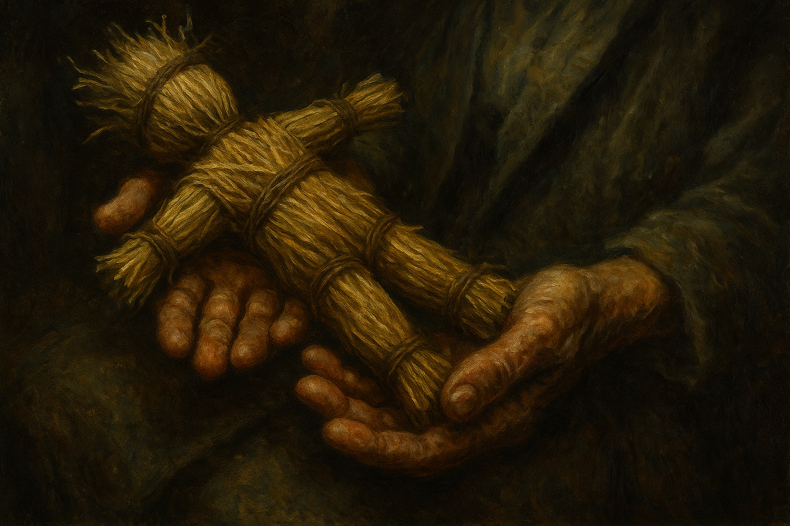 Worn straw doll placed beside a sleeping child’s pillow, with a gentle elderly woman’s hand hovering above—evoking substitute-figure folk wisdom of protection and love