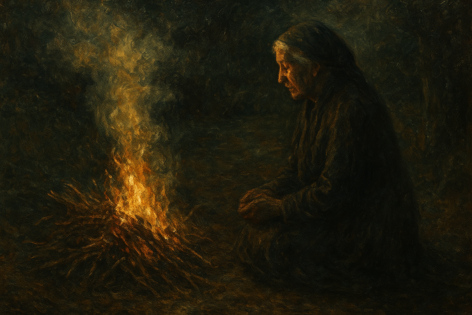 Elderly woman silently lighting straw and candles at dusk in a garden corner—evoking the ritual of sending gods or ancestral spirits with burning smoke