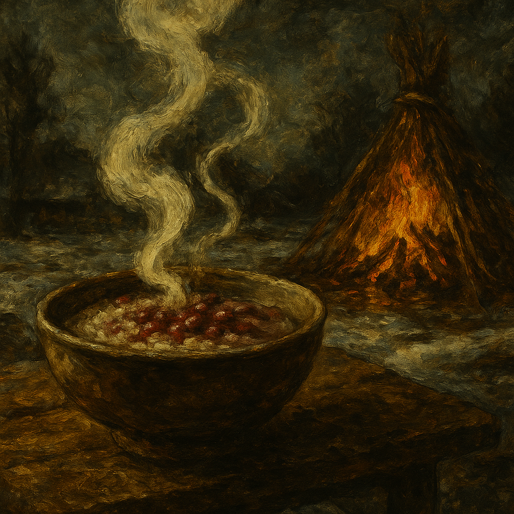 A steaming red sweet bean porridge bowl on a cold winter morning, smoke from a ceremonial fire glowing at dusk in a village square.