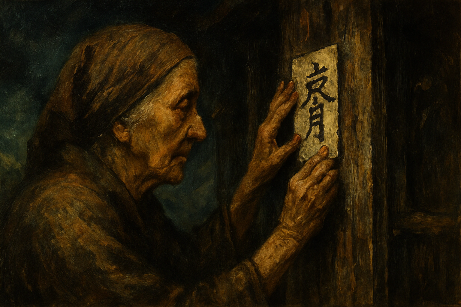 Faded old paper being gently peeled from a doorway at dusk, grandmother’s hand holding fresh white paper, soft warm glow illuminating a contemplative scene.