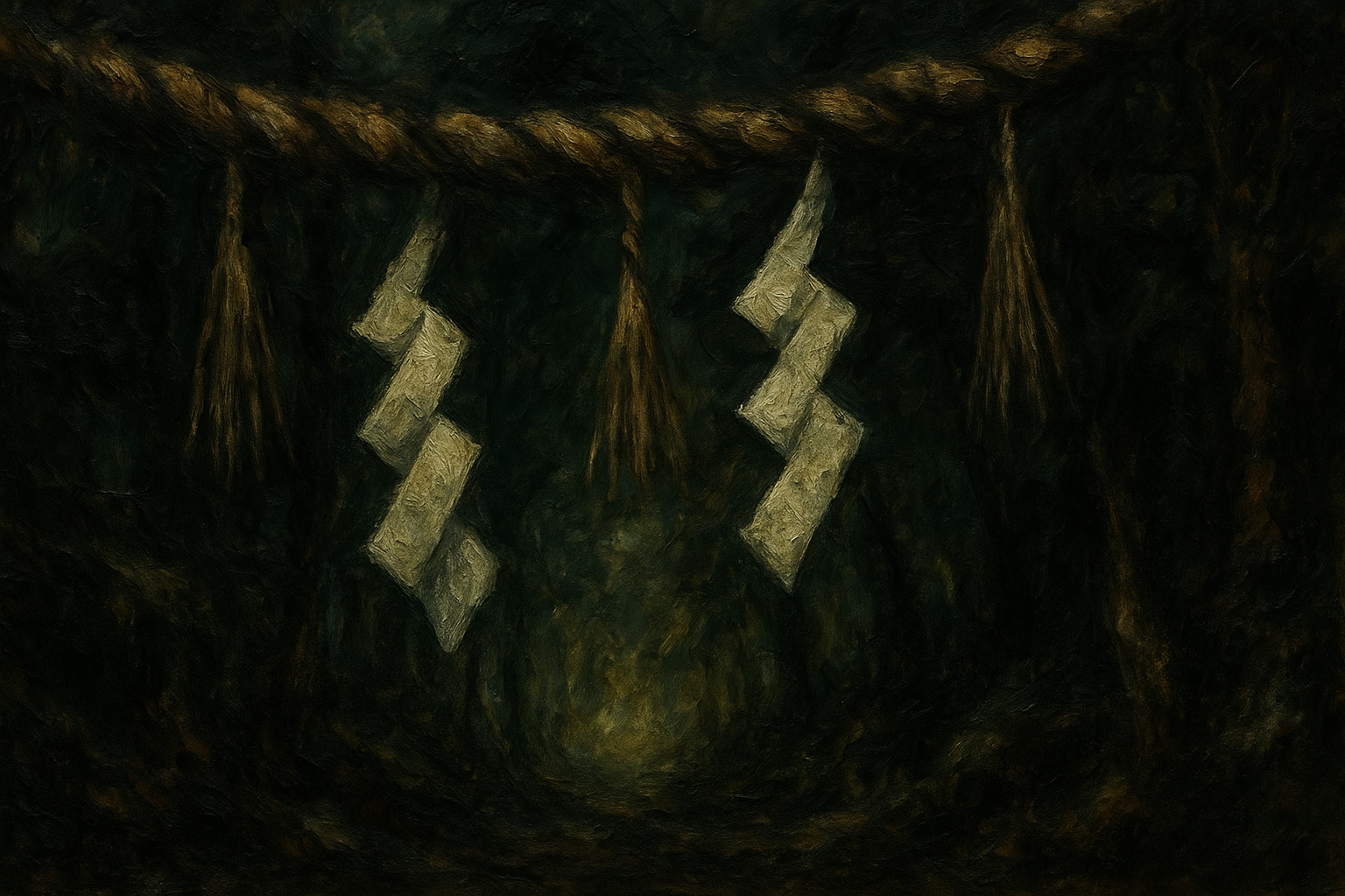 Wind-blown white zigzag paper strips (shide) fluttering gently beside a small shrine, bathed in soft twilight.