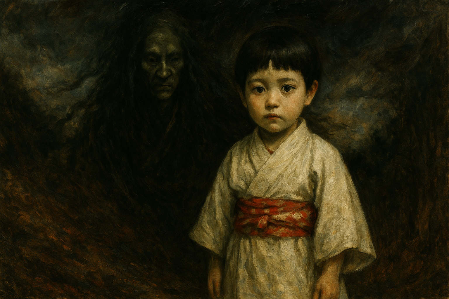 A child in white ceremonial attire walking solemnly during a traditional Japanese festival procession.