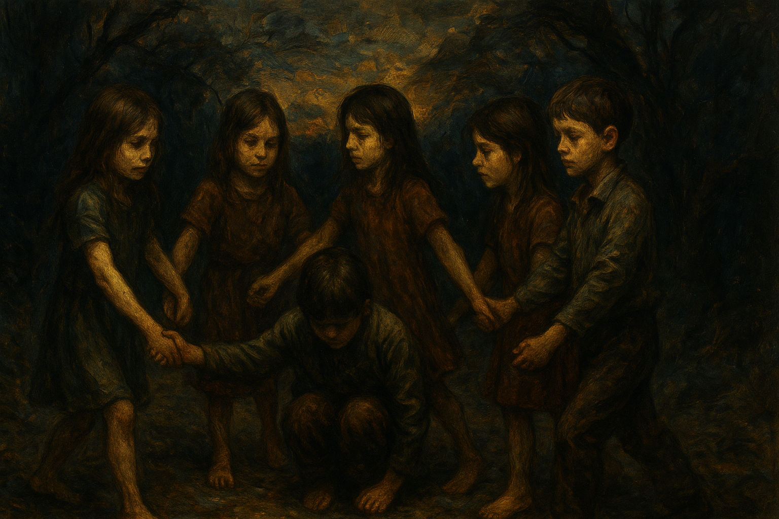 Children holding hands in a circle at a Shinto shrine at twilight, reenacting the traditional "Kagome Kagome" game under sacred trees.