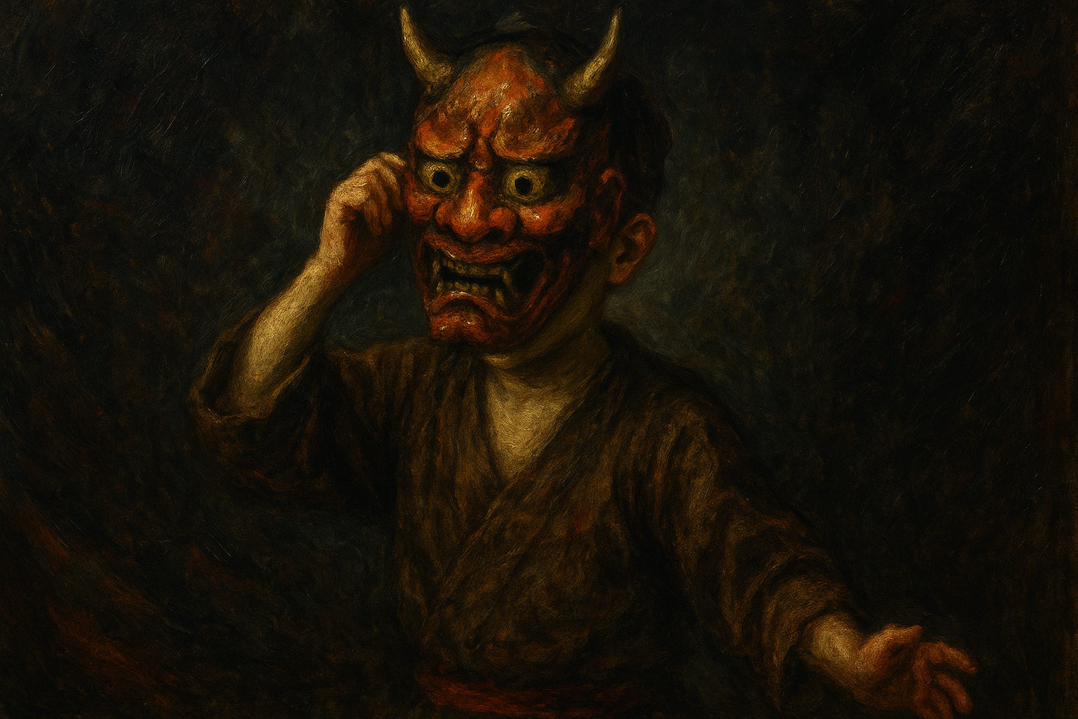 鬼の面をかぶり神楽を舞う少年。信州の晩秋の神社で、神が宿ったような厳かな瞬間。