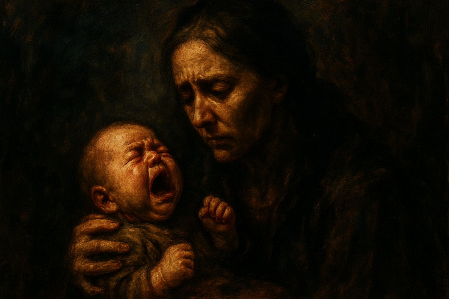 夜中に赤子が泣く姿。赤ちゃんの声が神聖な響きを帯びる、深夜の静寂の中の神秘的瞬間。