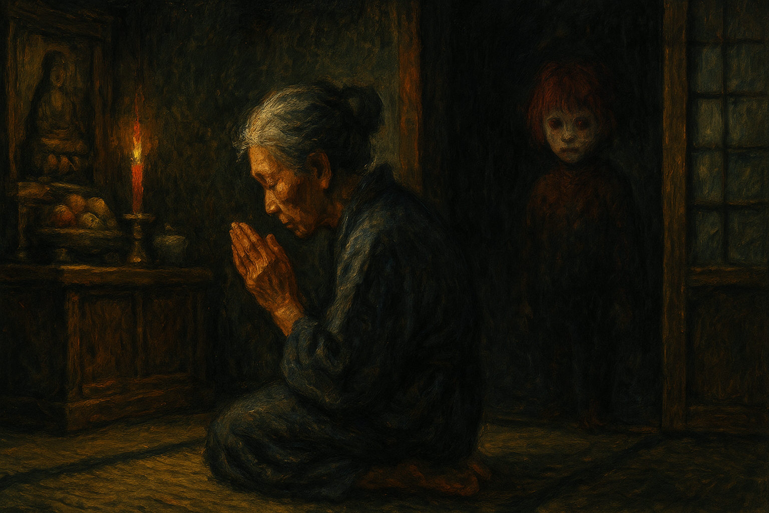 祖母の古い座敷で、静かな光に包まれ佇む見えない子供の気配——座敷童の存在を感じさせる情景。