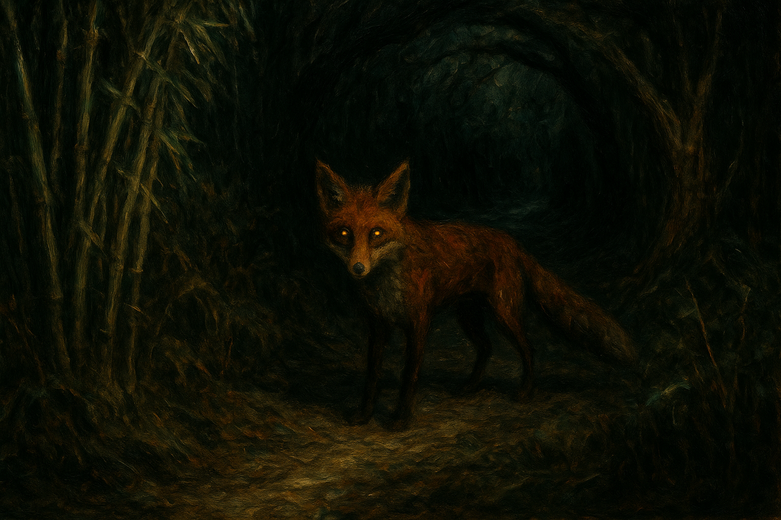 霧の立ち込める竹林の中に続く細い獣道。狐の通り道を思わせる神秘的な風景。