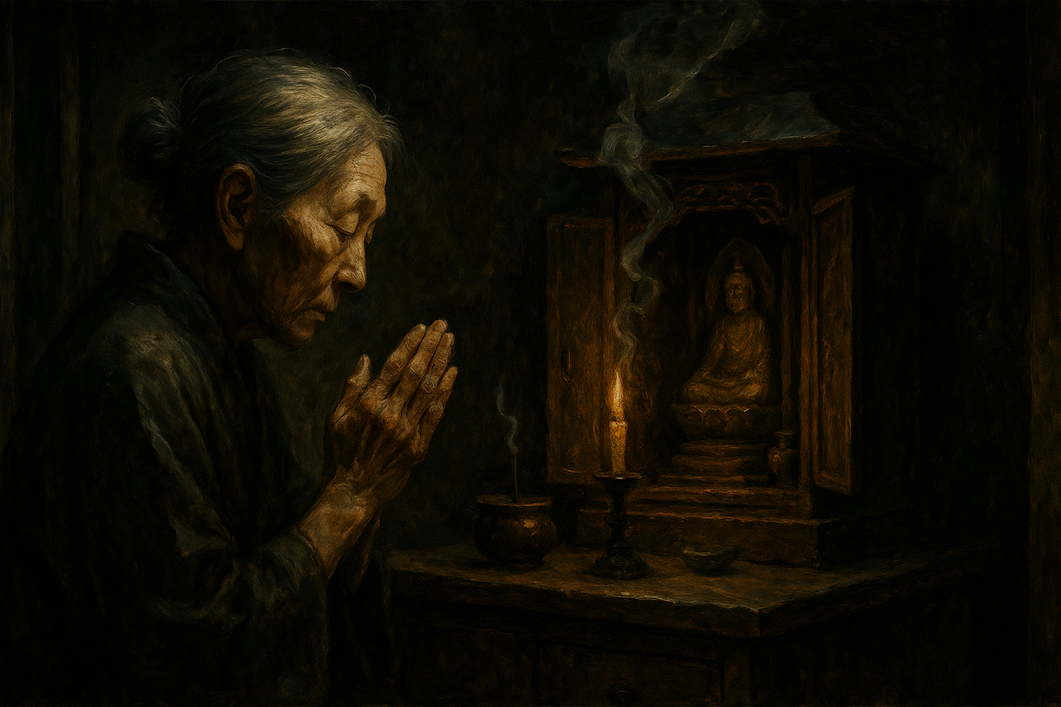 畳の間の線香の煙がゆらりと揺れる。目には見えない何かを感じさせる静かな空間。