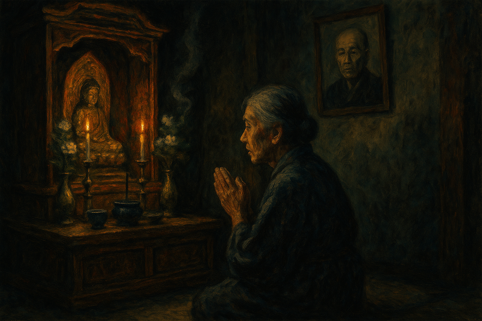 朝の光が差し込む仏間。仏壇の前に供えられたご飯と線香、静かに佇む和室。