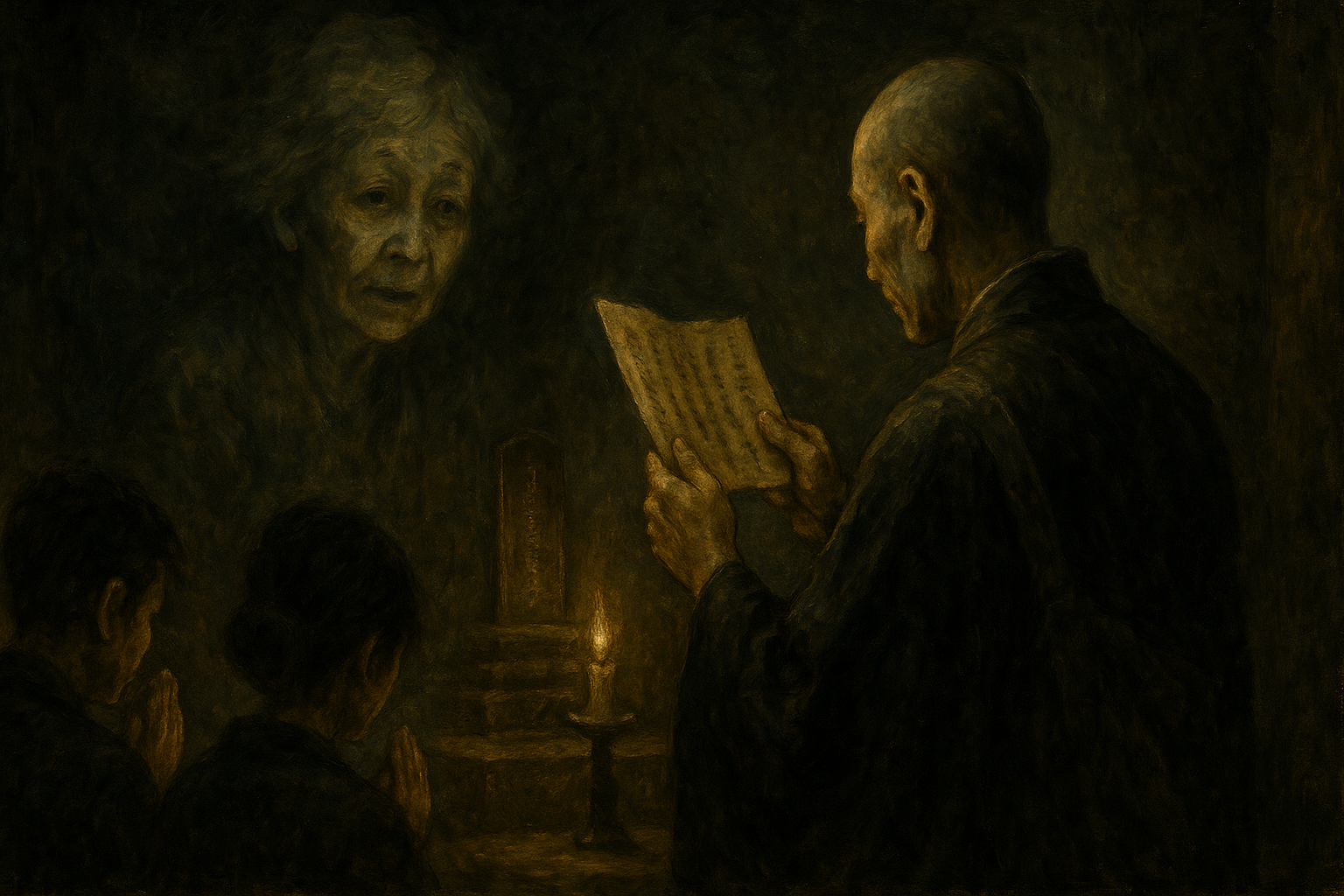 仏壇の前に立ち、故人の名前を呼ぶ女性の後ろ姿。線香の煙が静かに立ちのぼる。