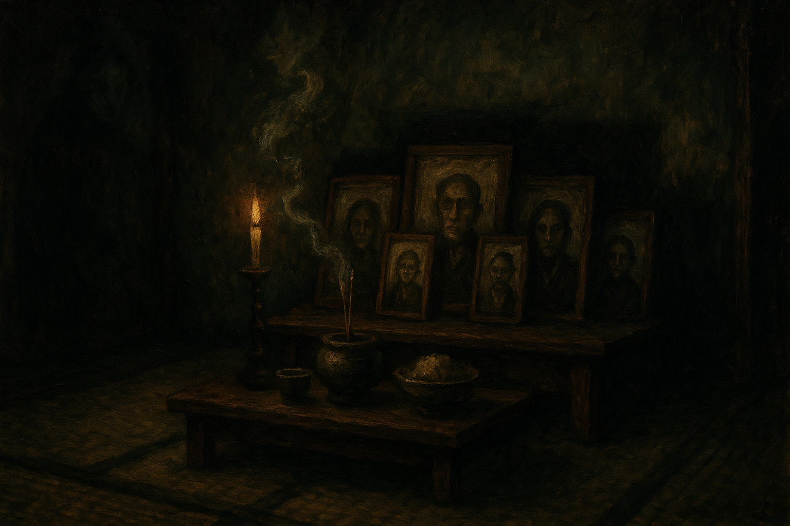 畳の部屋の奥にしつらえられた祖霊棚、線香の煙がゆらめき、写真立てが静かに佇む空間。