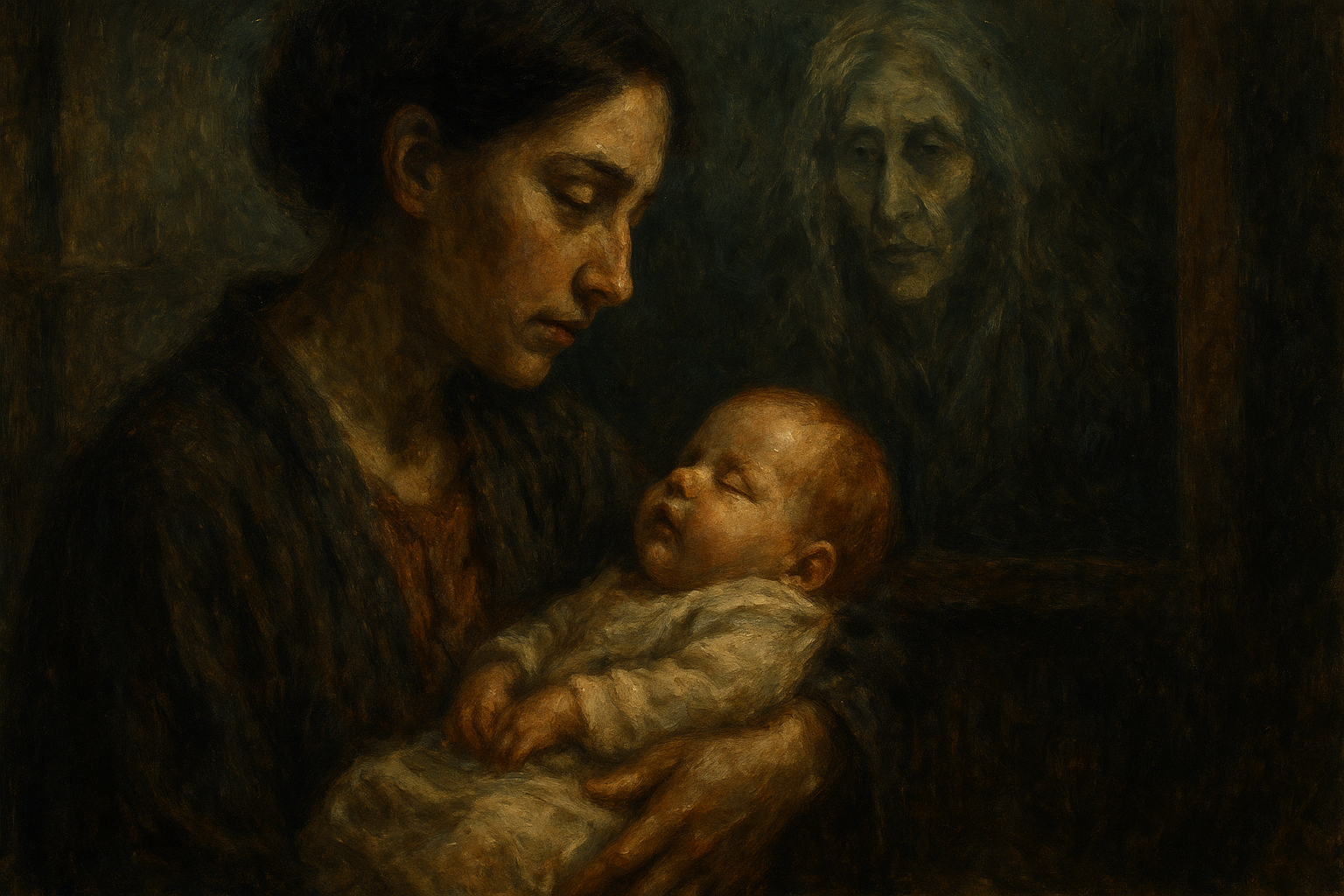 新生児と祖母の記憶を重ねる民俗学的視点のイメージ