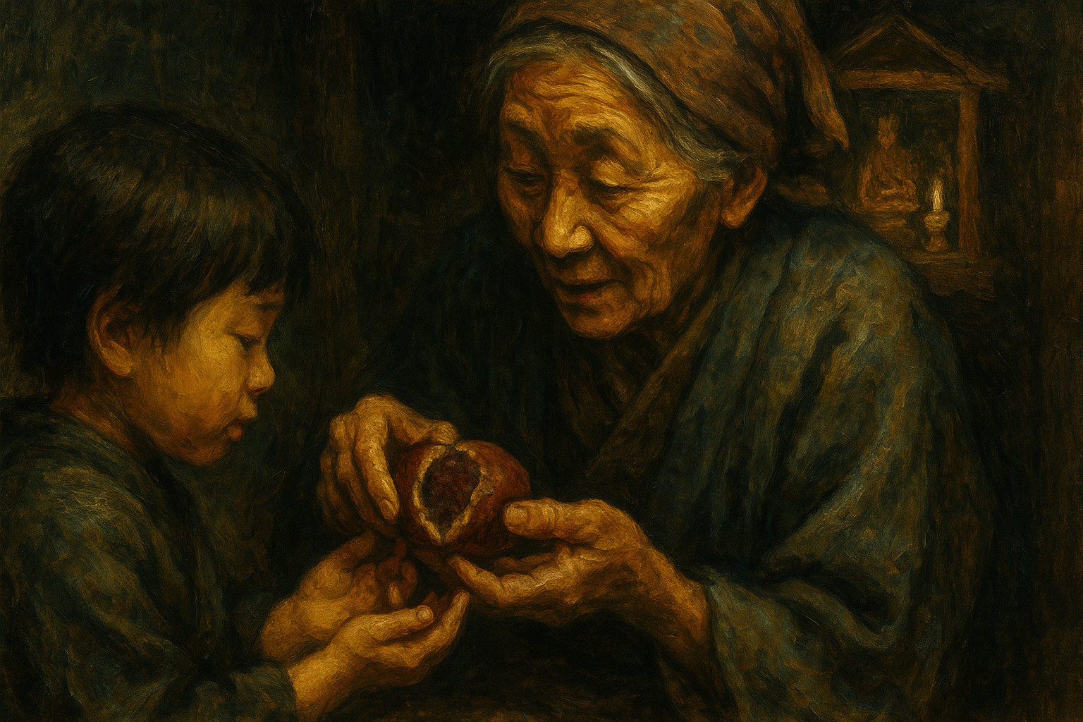 "Sharing food in Japanese folk tradition – A sacred gesture of ‘hanbunko’ between generations."（半分こ）祖母と孫が食べ物を分け合う、日本の分かち合い信仰の民俗学的表現