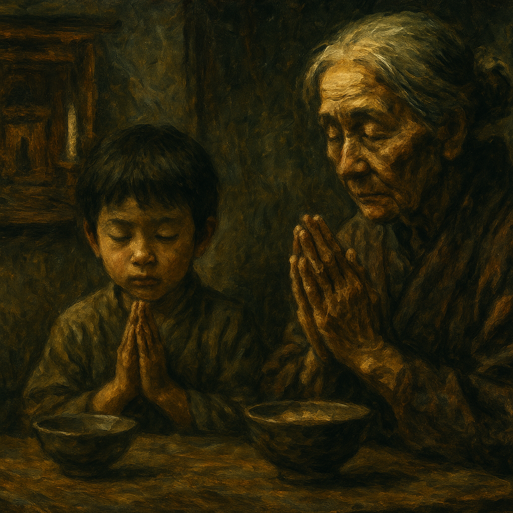 "Hands joined in prayer over a Japanese meal – The spiritual meaning of 'Itadakimasu' in Japanese folk culture."（いただきます）日本の食卓における祈りと自然との交感を象徴する合掌の手