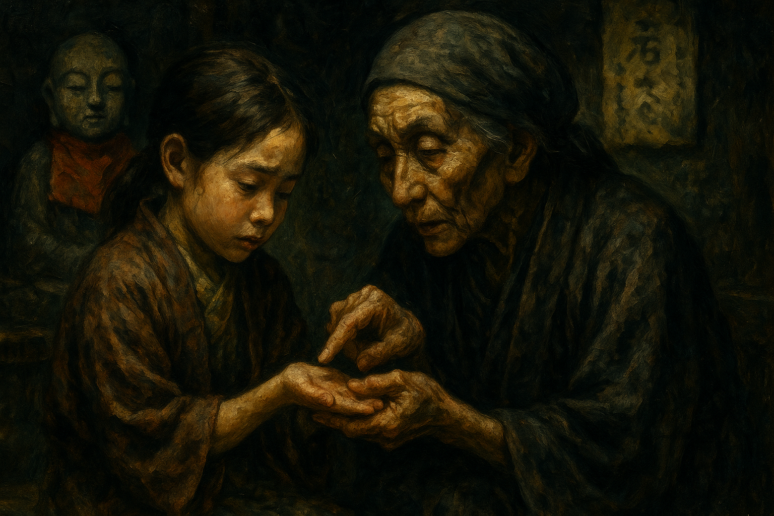 An open hand floating in darkness – A visual metaphor for Japanese folk charms of sleep and ancestral protection. 夜を祈りで越える、日本の『まじない』文化を象徴する静かな手のひら。