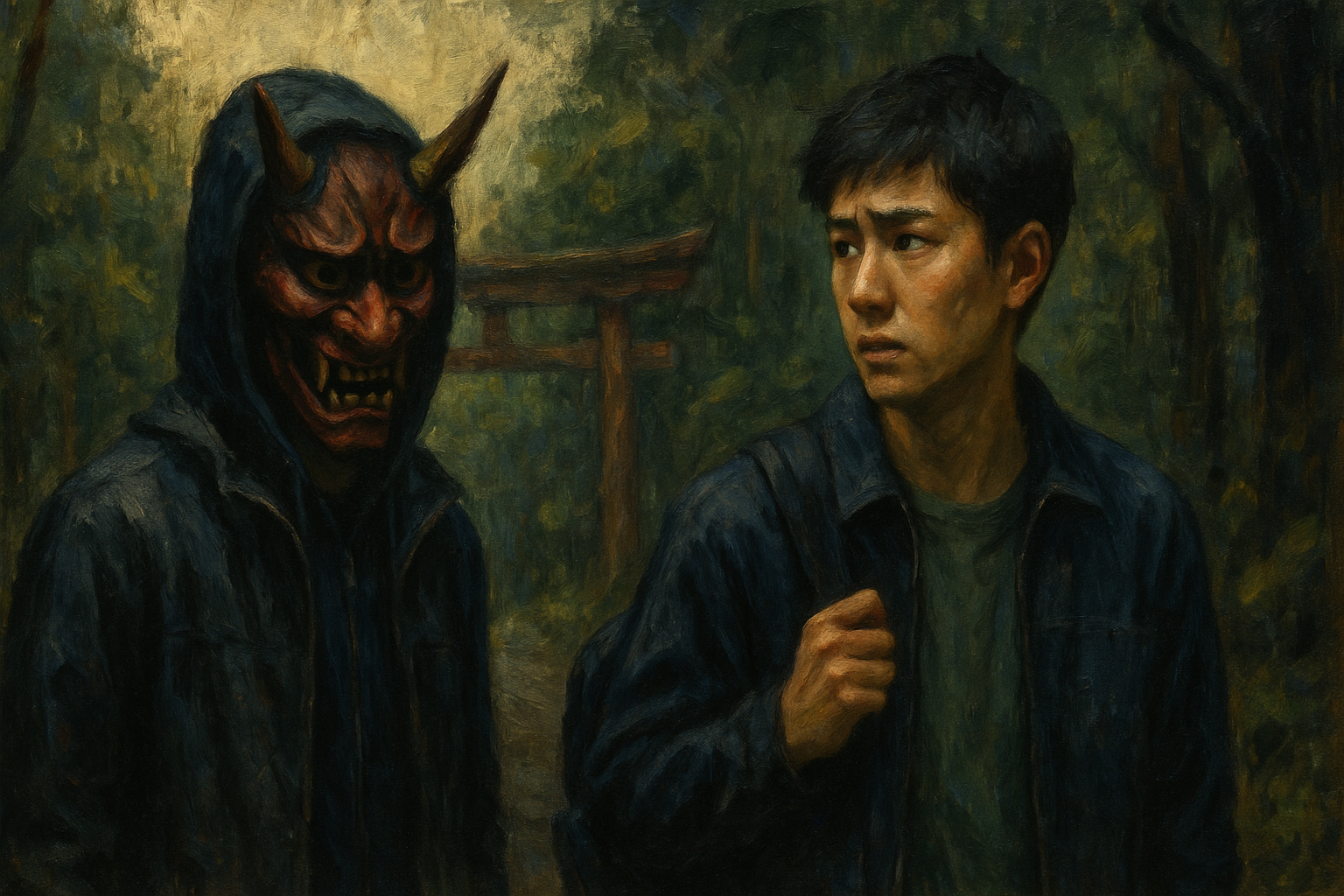 A modern Japanese man encountering a folklore demon in a dark forest – urban legend "Red Room Curse" concept
