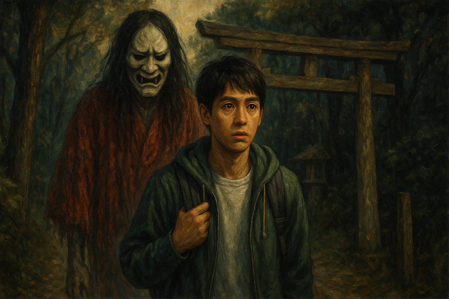 Urban legend Hachishakusama haunting a young man in a dark Japanese forest, oil painting style