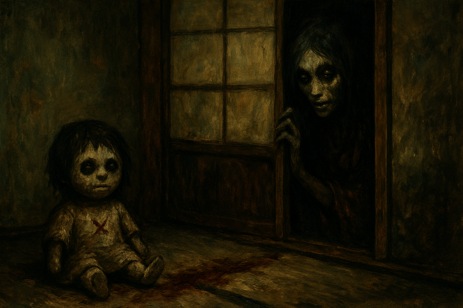 A haunted Japanese doll ritual in a dark bathroom setting – inspired by urban legends and yokai folklore.