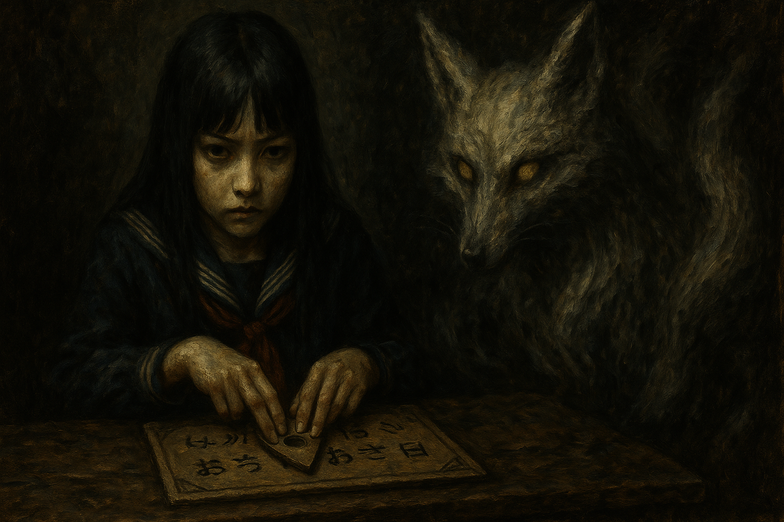 A girl in a Japanese school uniform performing a Kokkuri-san ritual, with a ghostly fox spirit appearing beside her in a dark, eerie setting.
