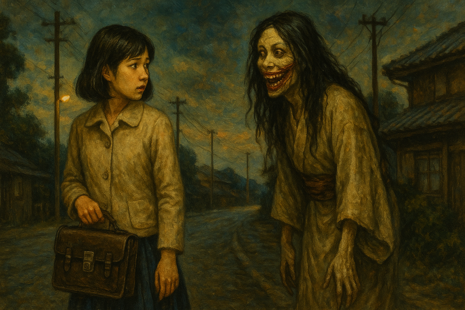 Kuchisake-onna lurking on a Showa-era Japanese street at dusk, confronting a schoolgirl