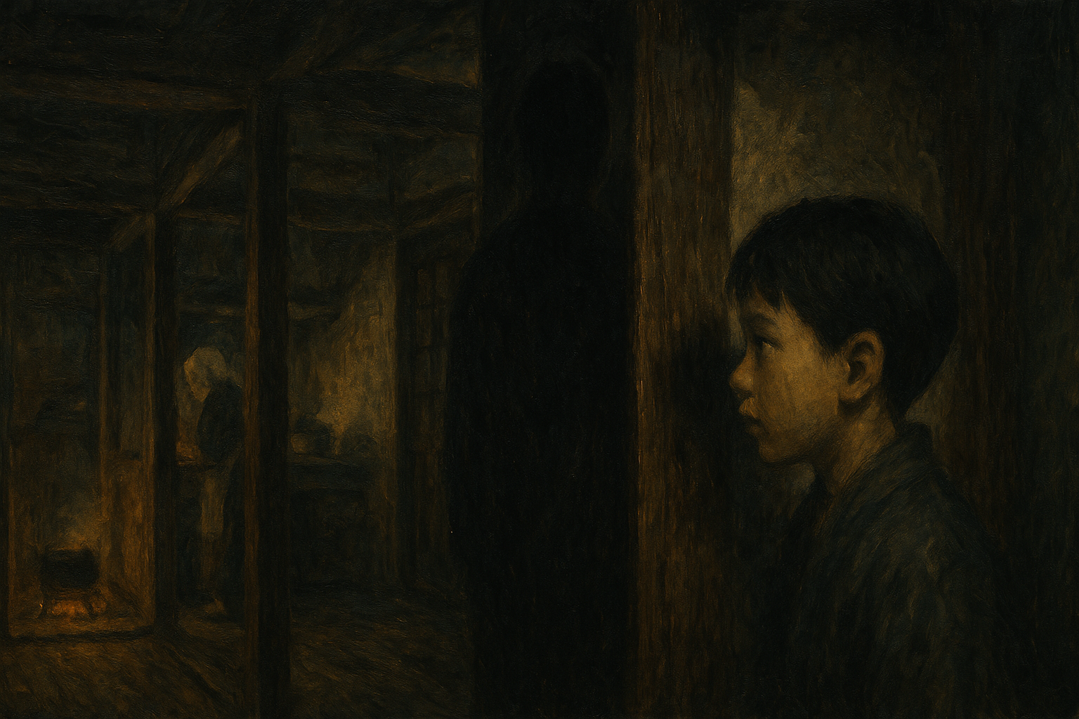 Shadowy Figure Behind Wooden Pillar in Traditional Japanese House — Japanese Folklore of Invisible Spirits and Guardian Deities