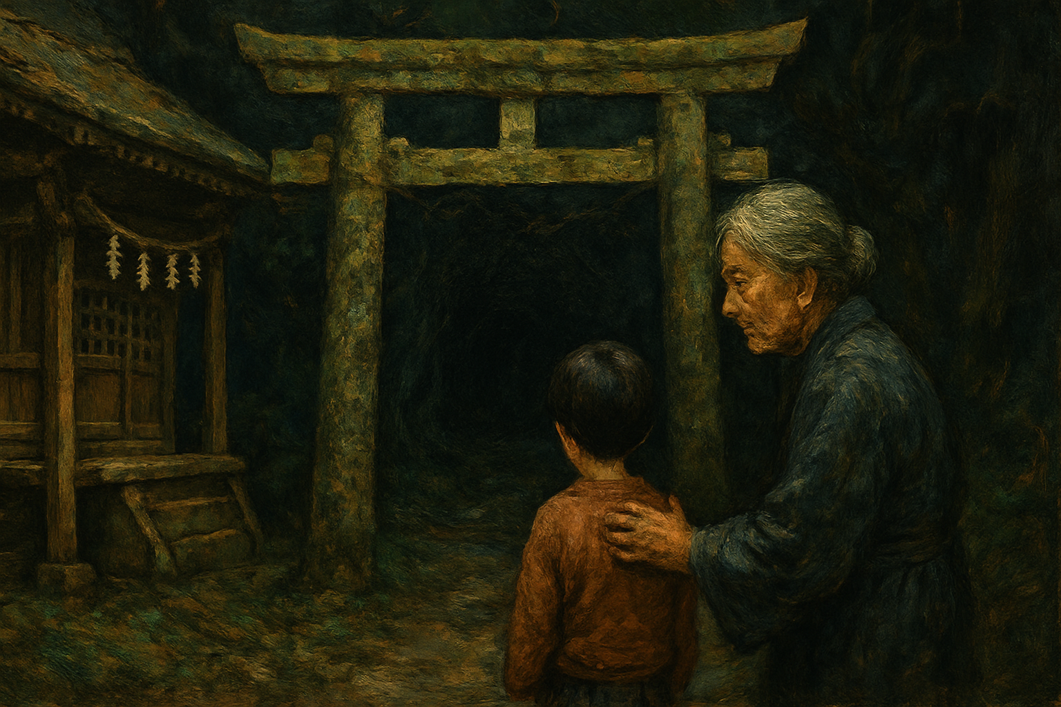 Forbidden area behind Japanese shrine with sacred rope barrier, traditional torii gate and moss-covered stone lantern in mysterious forest setting. 神社の奥にある立ち入り禁止区域、神聖な注連縄と苔むした石灯籠、神秘的な森の中の鳥居